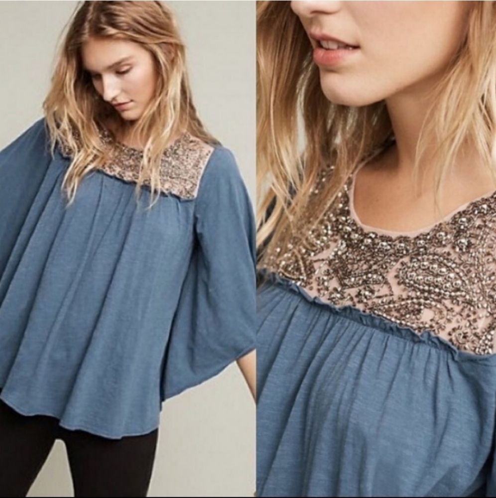 NWT Anthropologie Deletta Josephine Studded Top in Wedgewood